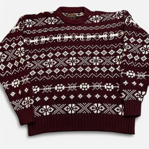Vintage knitted cottage‎ core preppy burgundy and white heavy knit sweater XL
